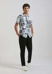 Camicia mezza manica in tessuto elastico con fantasia|Colore:Nero