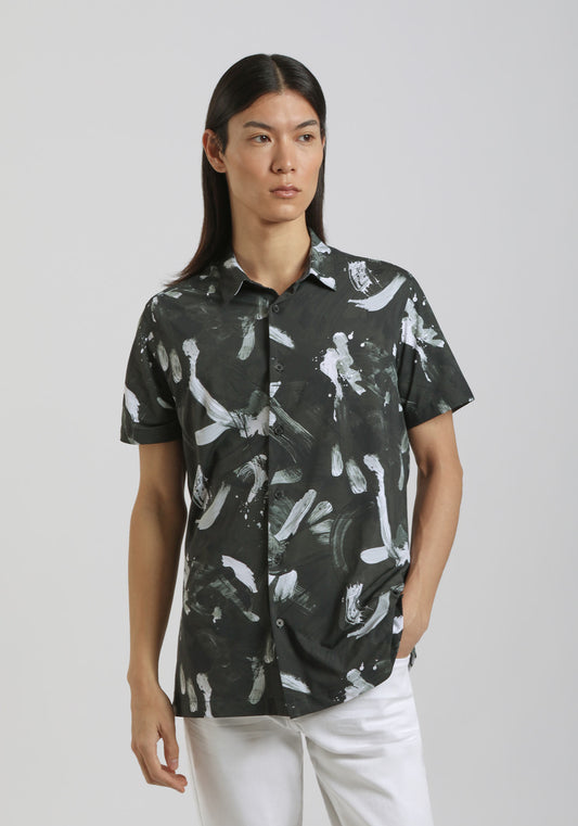 Camicia mezza manica in tessuto elastico con fantasia|Colore:Nero