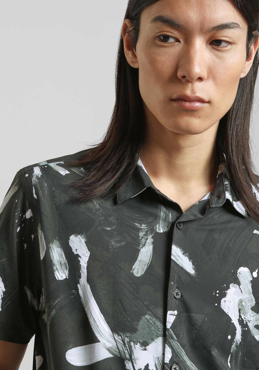 Camicia mezza manica in tessuto elastico con fantasia|Colore:Nero
