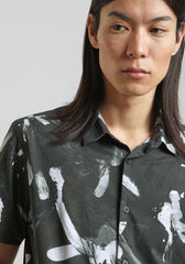 Camicia mezza manica in tessuto elastico con fantasia|Colore:Nero