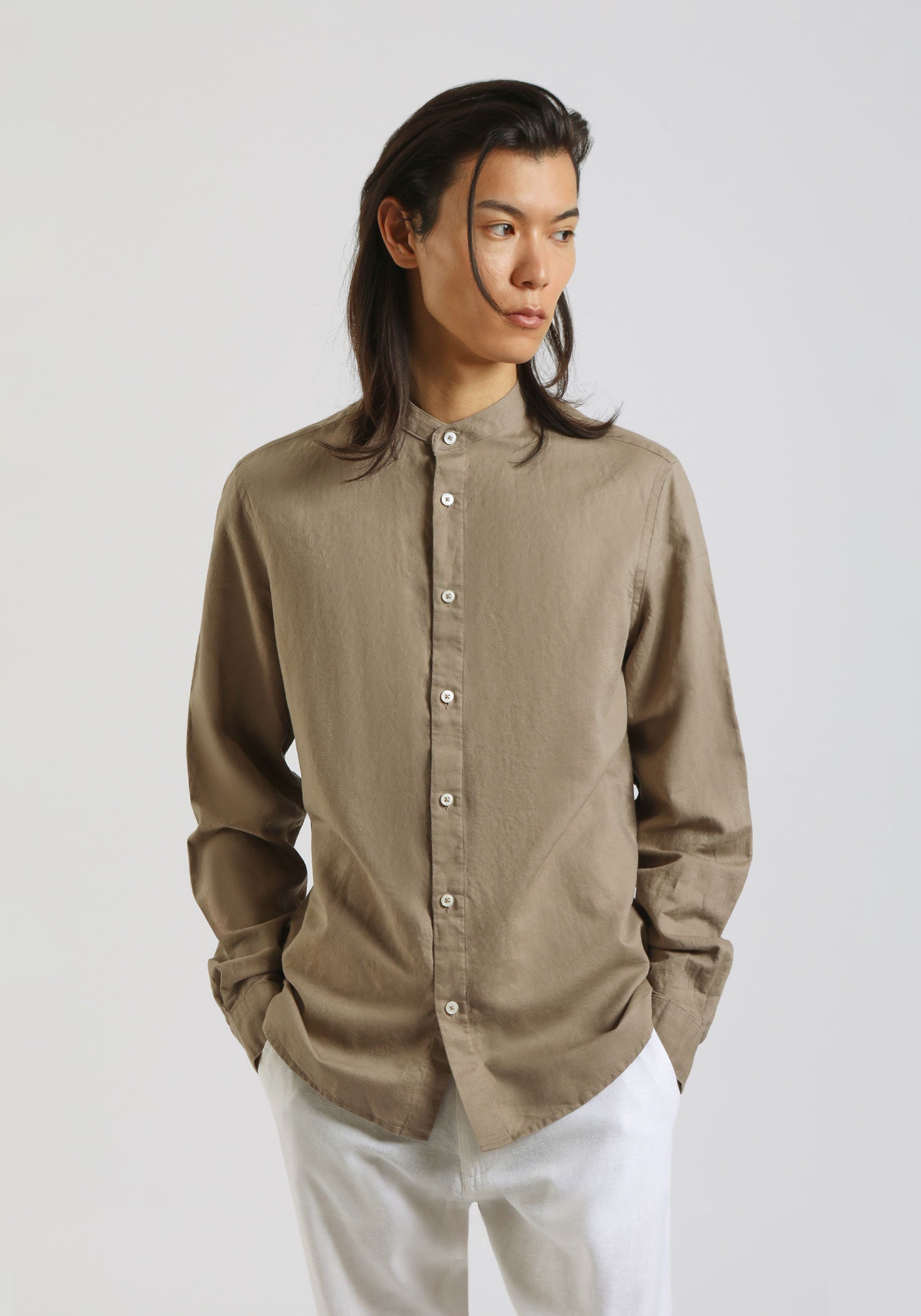 Camicia misto lino con collo coreano|Colore:Fango