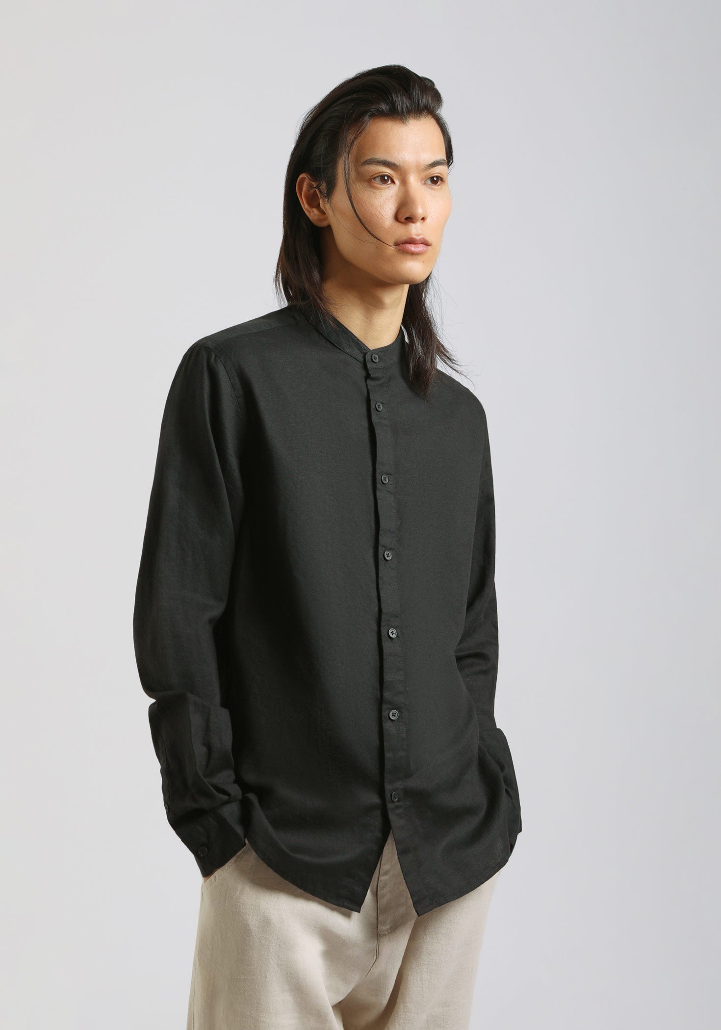 Camicia misto lino con collo coreano|Colore:Nero