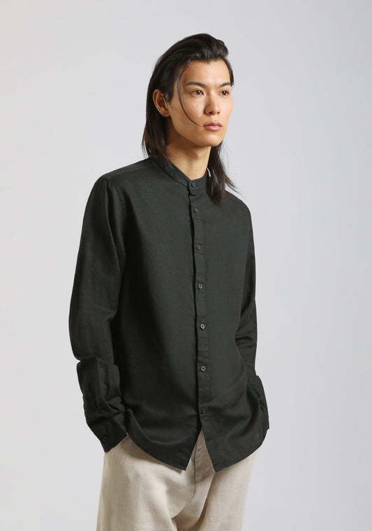 Camicia misto lino con collo coreano|Colore:Nero