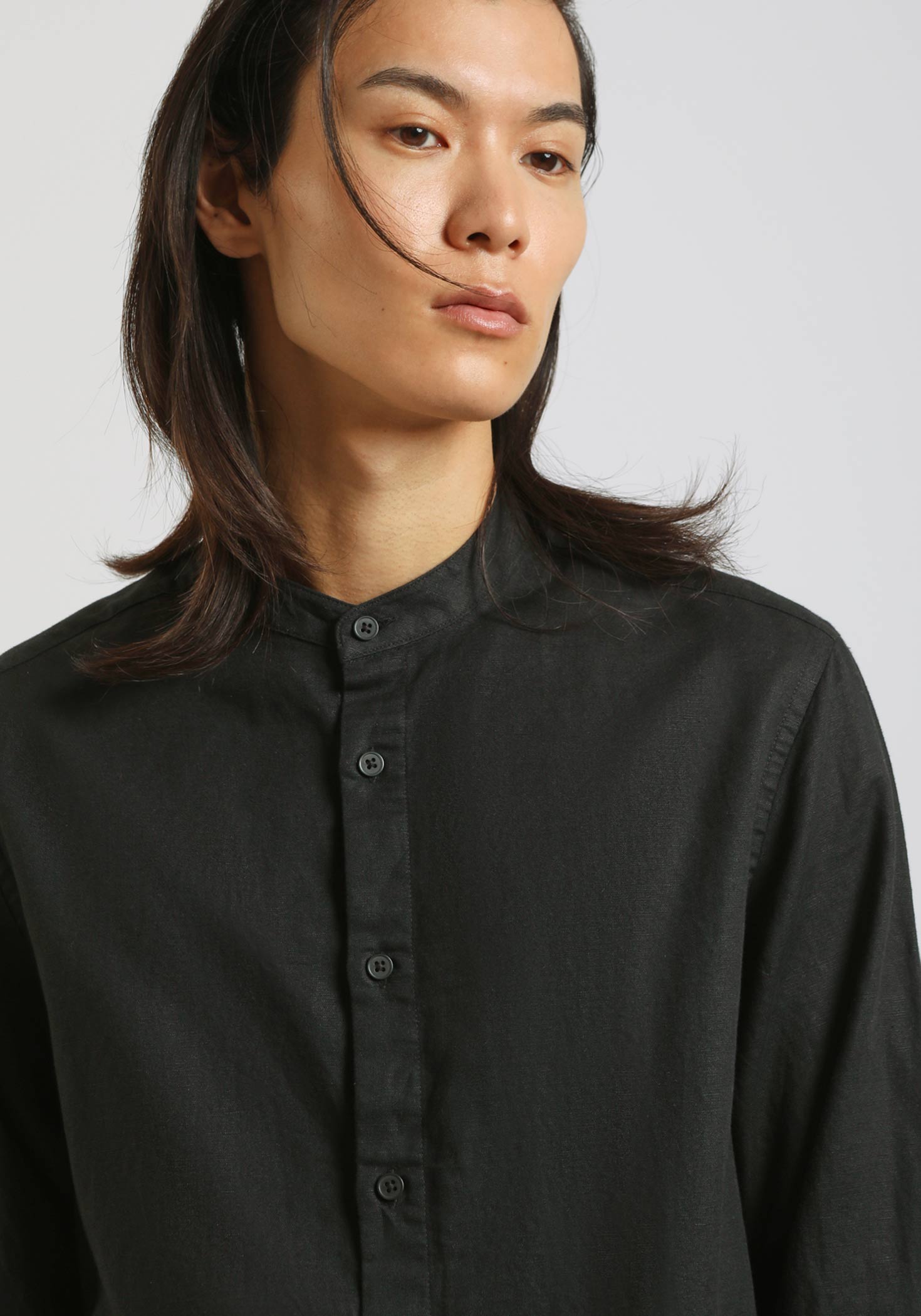Camicia misto lino con collo coreano|Colore:Nero