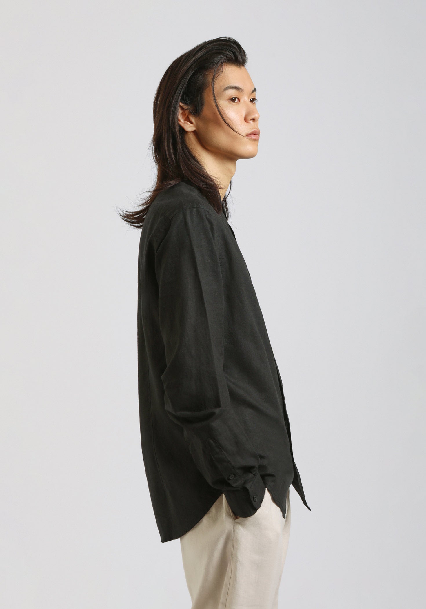 Camicia misto lino con collo coreano|Colore:Nero