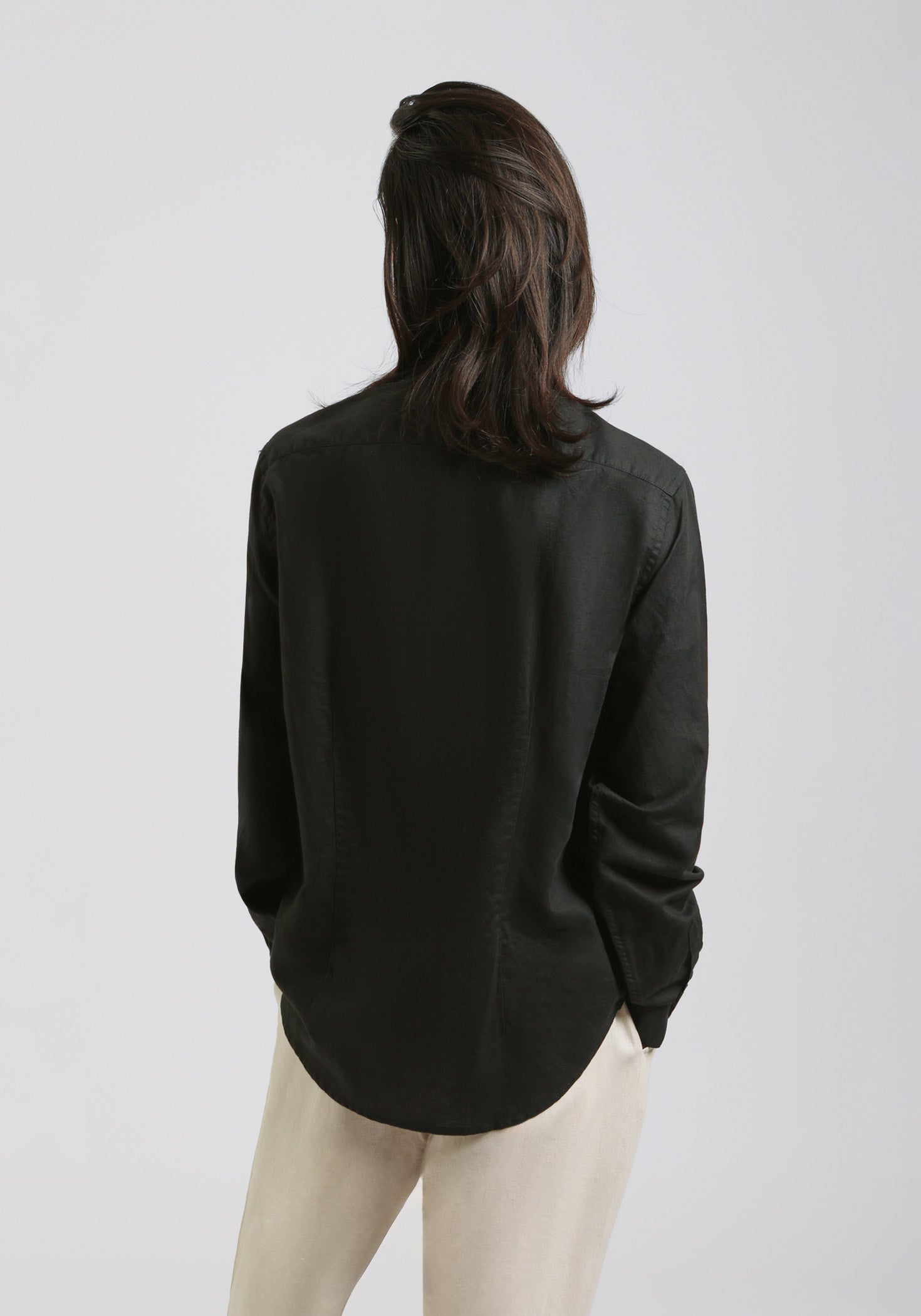 Camicia misto lino con collo coreano|Colore:Nero