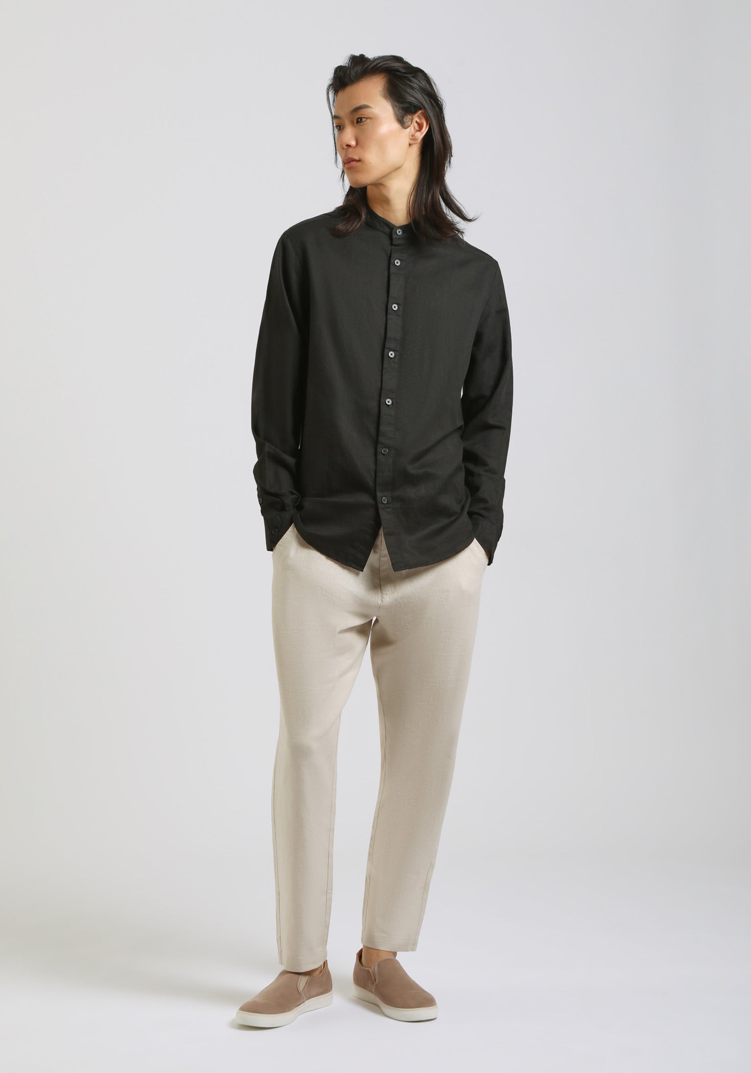 Camicia misto lino con collo coreano|Colore:Nero