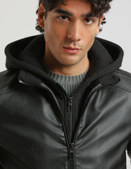 Bomber effetto pelle con cappuccio|Colore:Nero