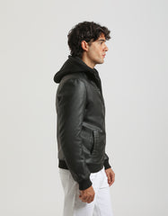 Bomber effetto pelle con cappuccio|Colore:Nero