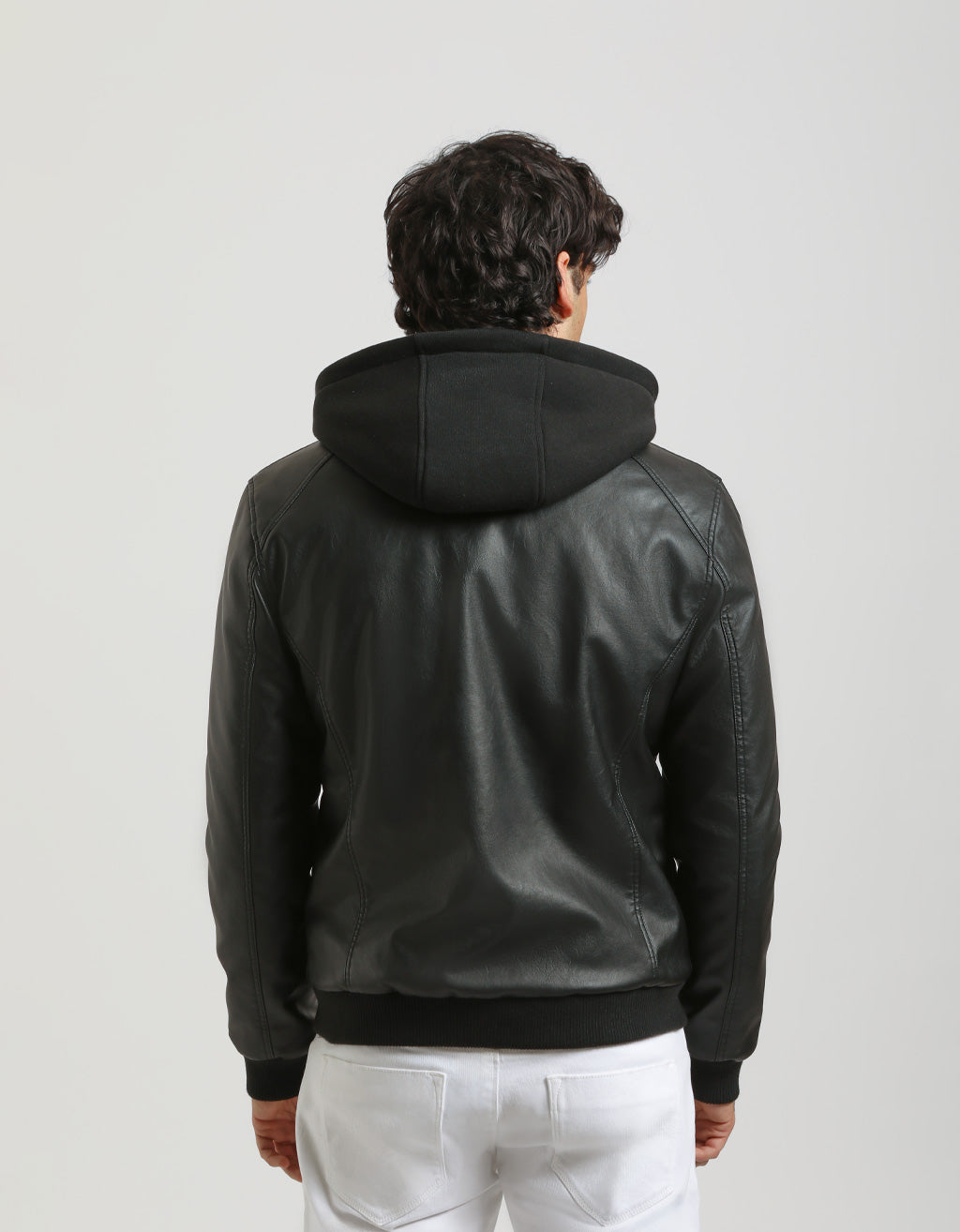 Bomber effetto pelle con cappuccio|Colore:Nero