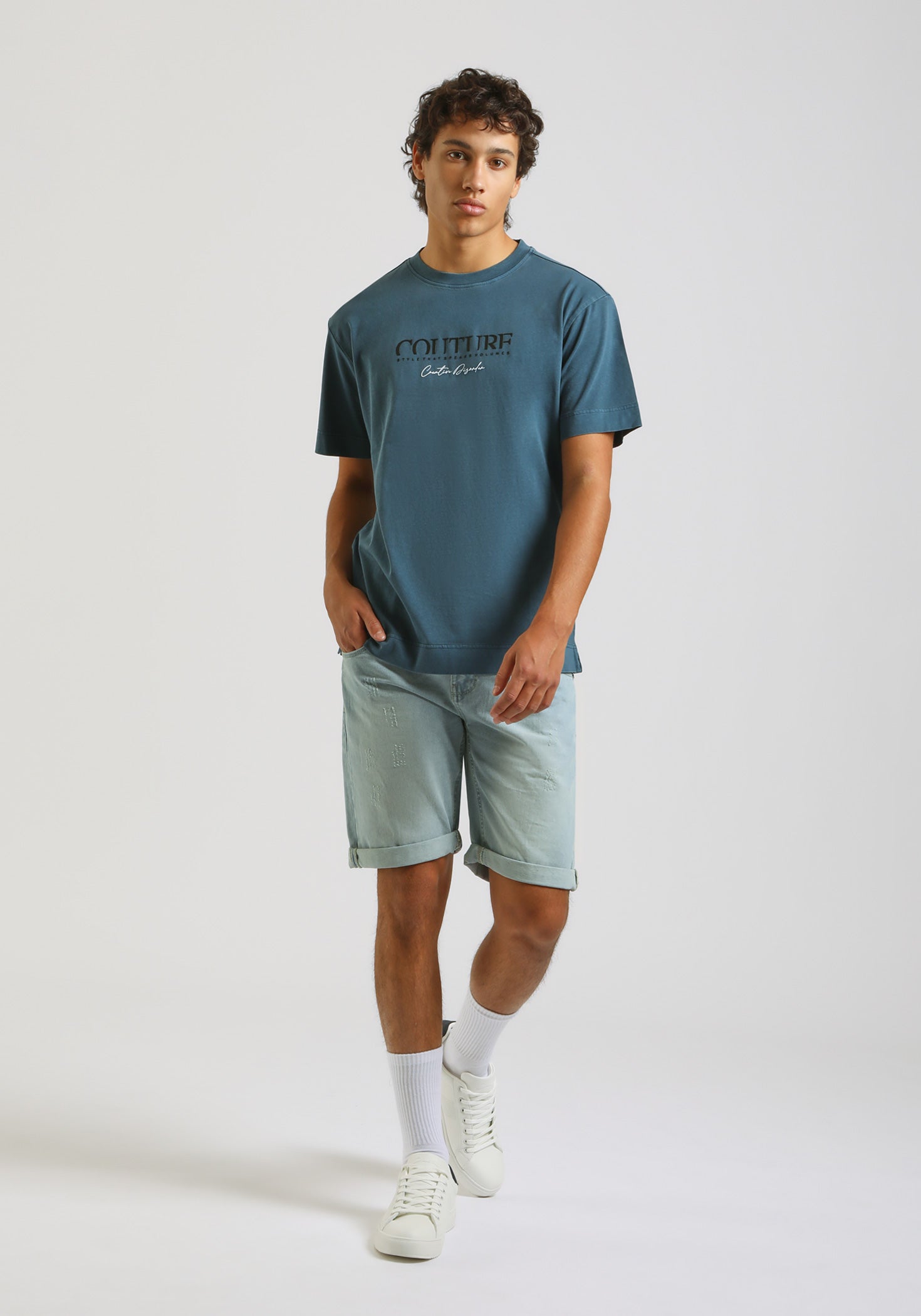 T-shirt effetto lavato con stampa|Colore:Jeans