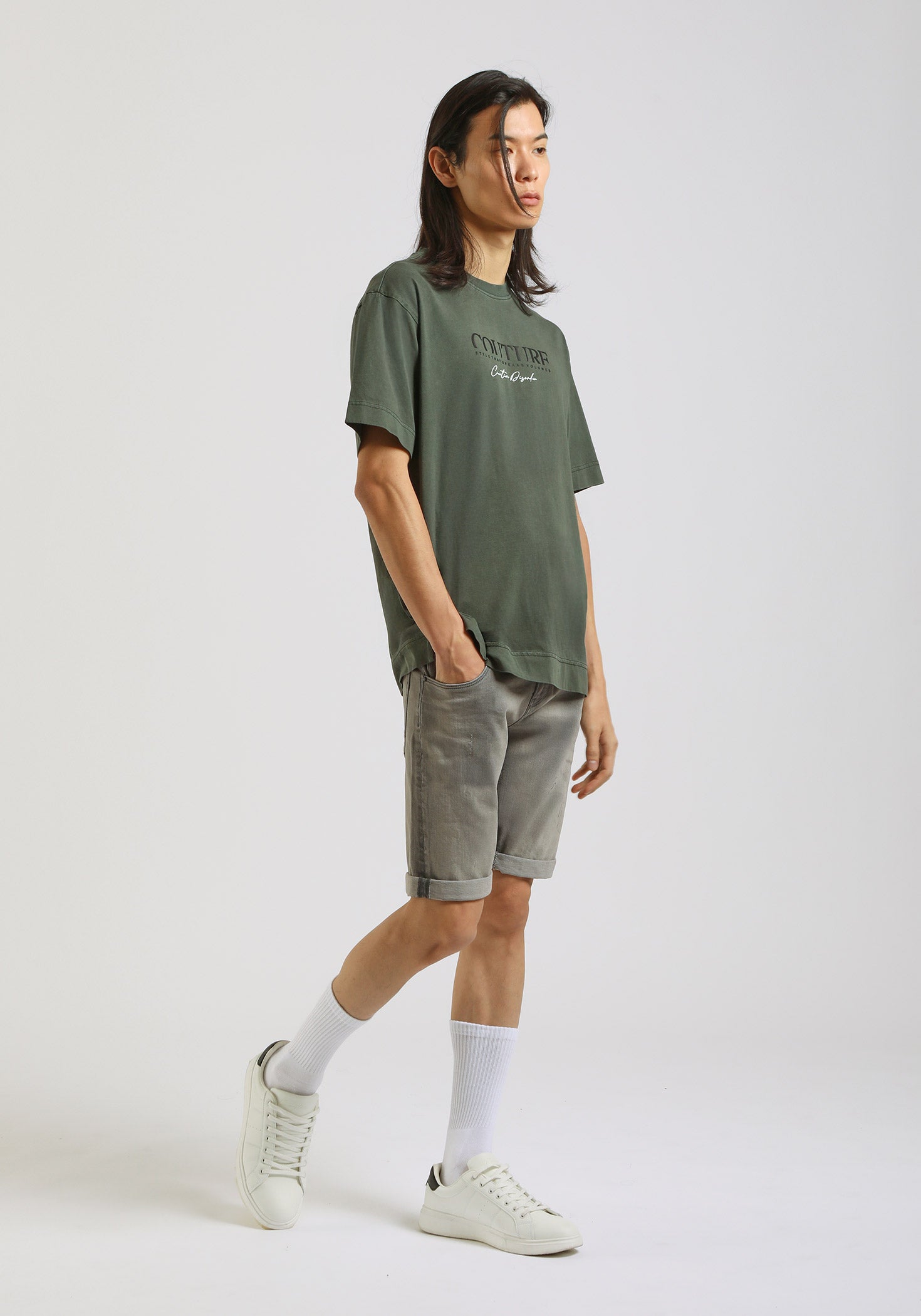 T-shirt effetto lavato con stampa|Colore:Verde bosco