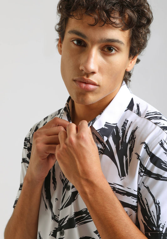 Camicia mezza manica in tessuto elastico con fantasia|Colore:Blue