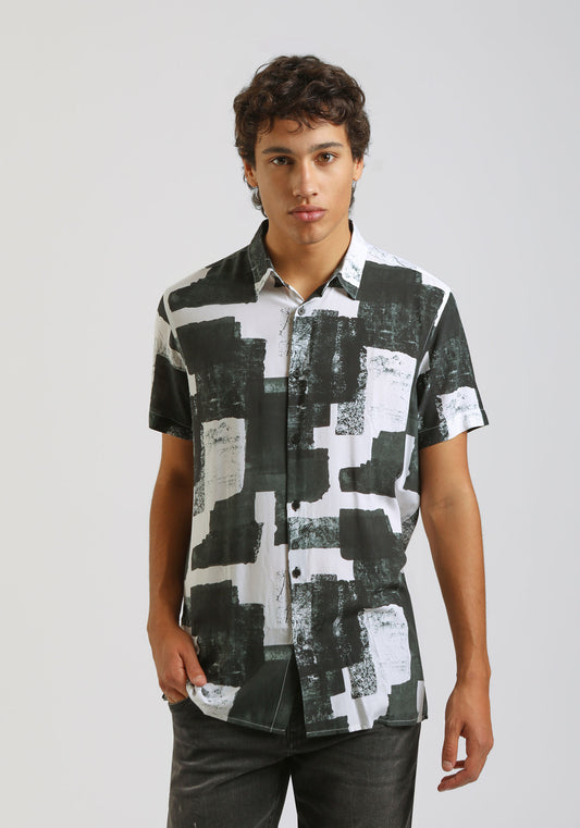 Camicia mezza manica fantasia 100% viscosa|Colore:Nero