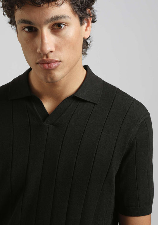Polo in maglia a coste|Colore:Nero