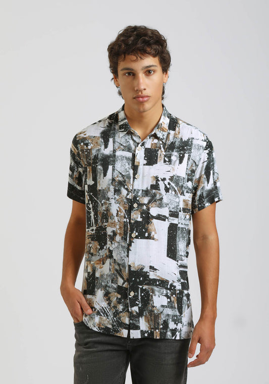 Camicia mezza manica fantasia 100% viscosa|Colore:Off white