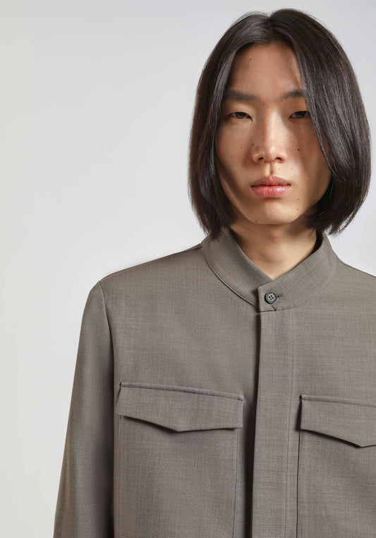 Giacca camicia con collo coreano|Colore:Grigio melange