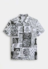 Camicia mezza manica in tessuto elastico con fantasia|Colore:Nero