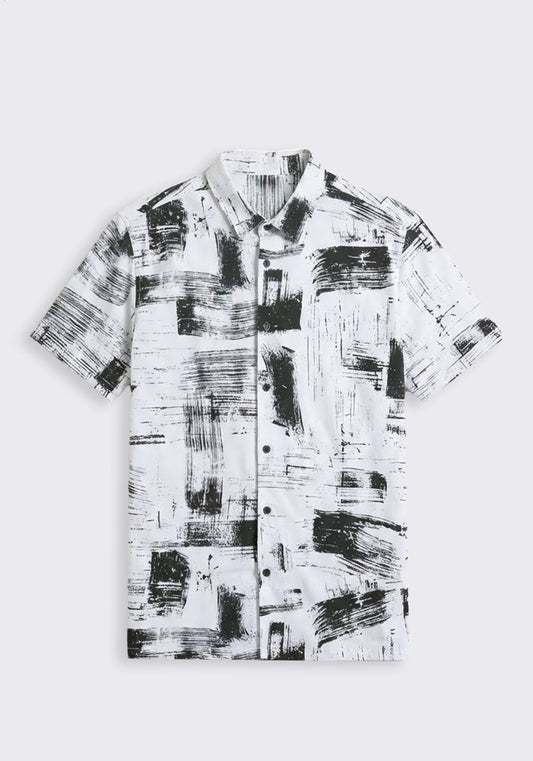 Camicia mezza manica in tessuto elastico con fantasia|Colore:Bianco