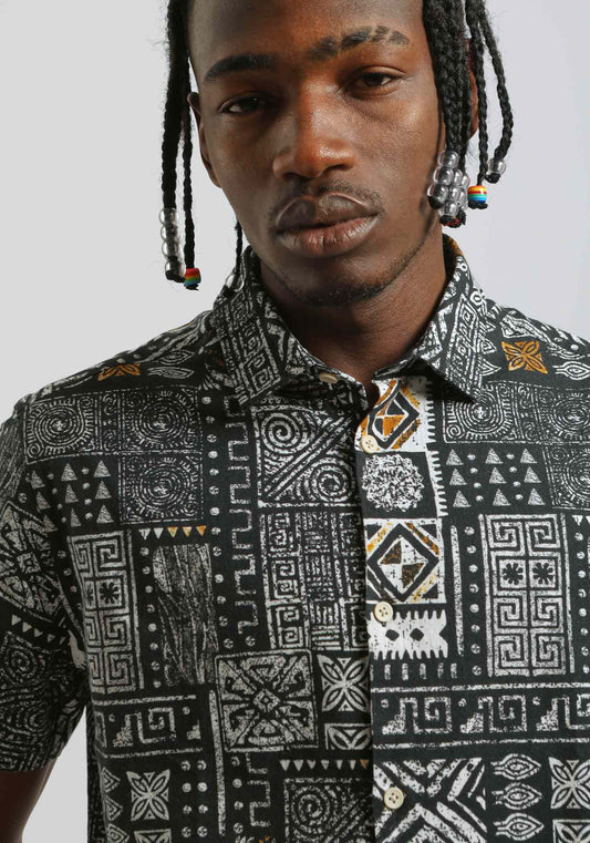 Camicia mezza manica 100% cotone con fantasia|Colore:Nero