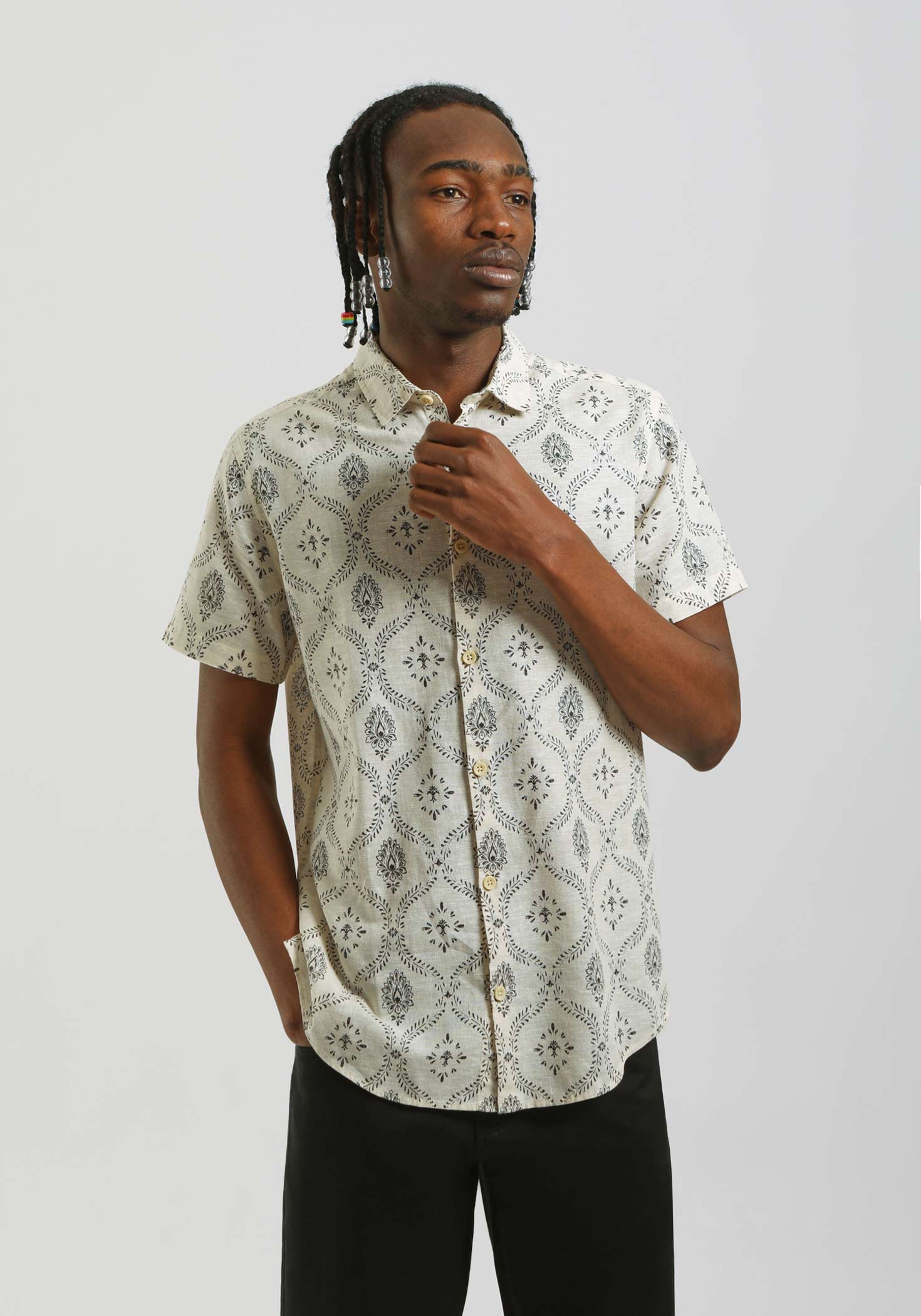 Camicia mezza manica misto lino cotone con fantasia|Colore:Sabbia