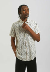 Camicia mezza manica misto lino cotone con fantasia|Colore:Sabbia