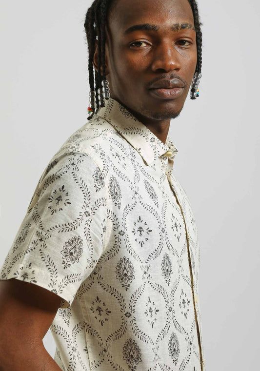 Camicia mezza manica misto lino cotone con fantasia|Colore:Sabbia