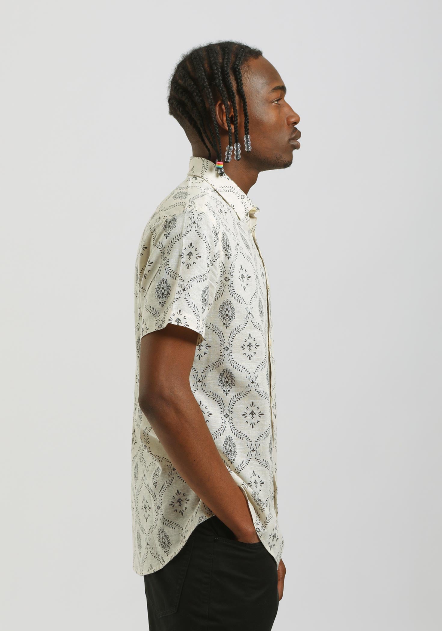 Camicia mezza manica misto lino cotone con fantasia|Colore:Sabbia