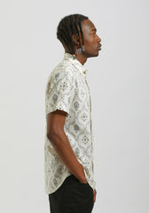 Camicia mezza manica misto lino cotone con fantasia|Colore:Sabbia