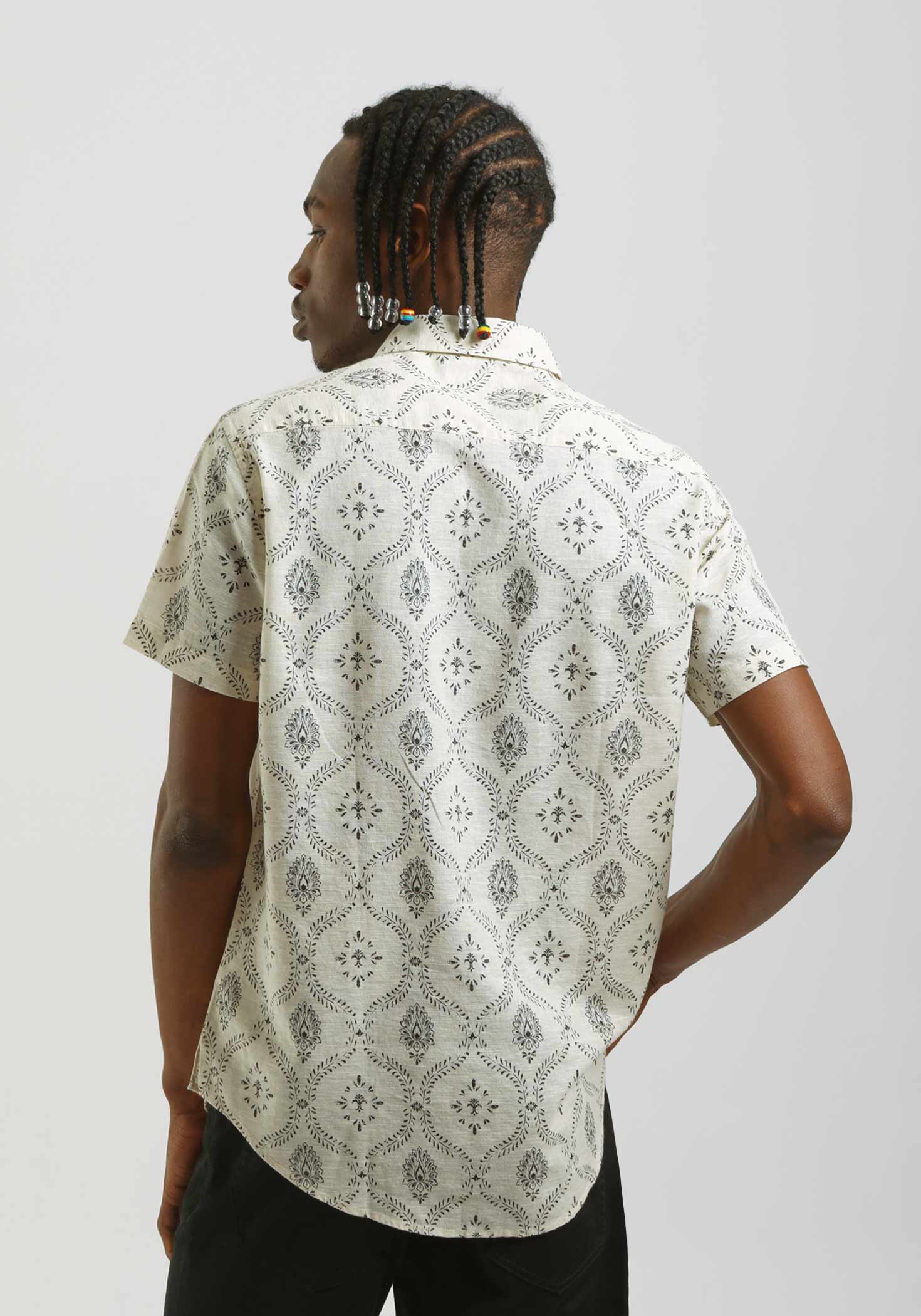 Camicia mezza manica misto lino cotone con fantasia|Colore:Sabbia