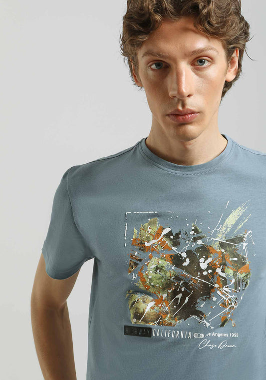T-shirt 100% cotone con stampa|Colore:Ciano