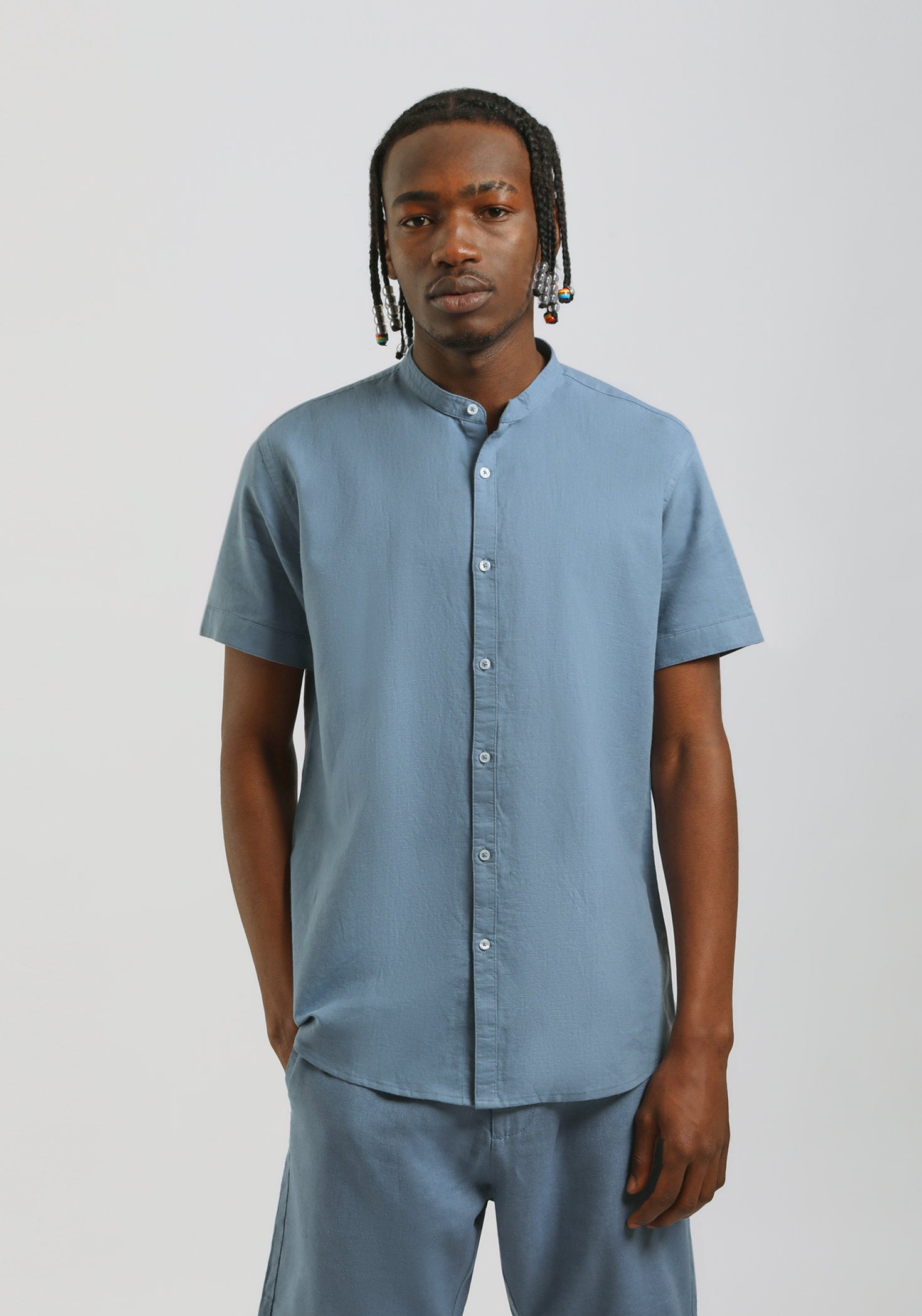 Camicia mezza manica misto lino|Colore:Ciano