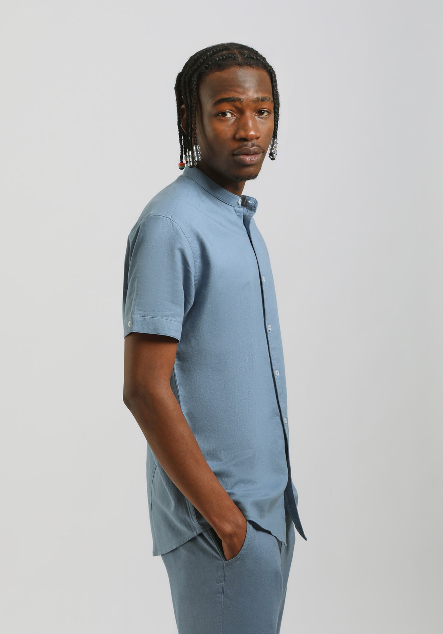 Camicia mezza manica misto lino|Colore:Ciano