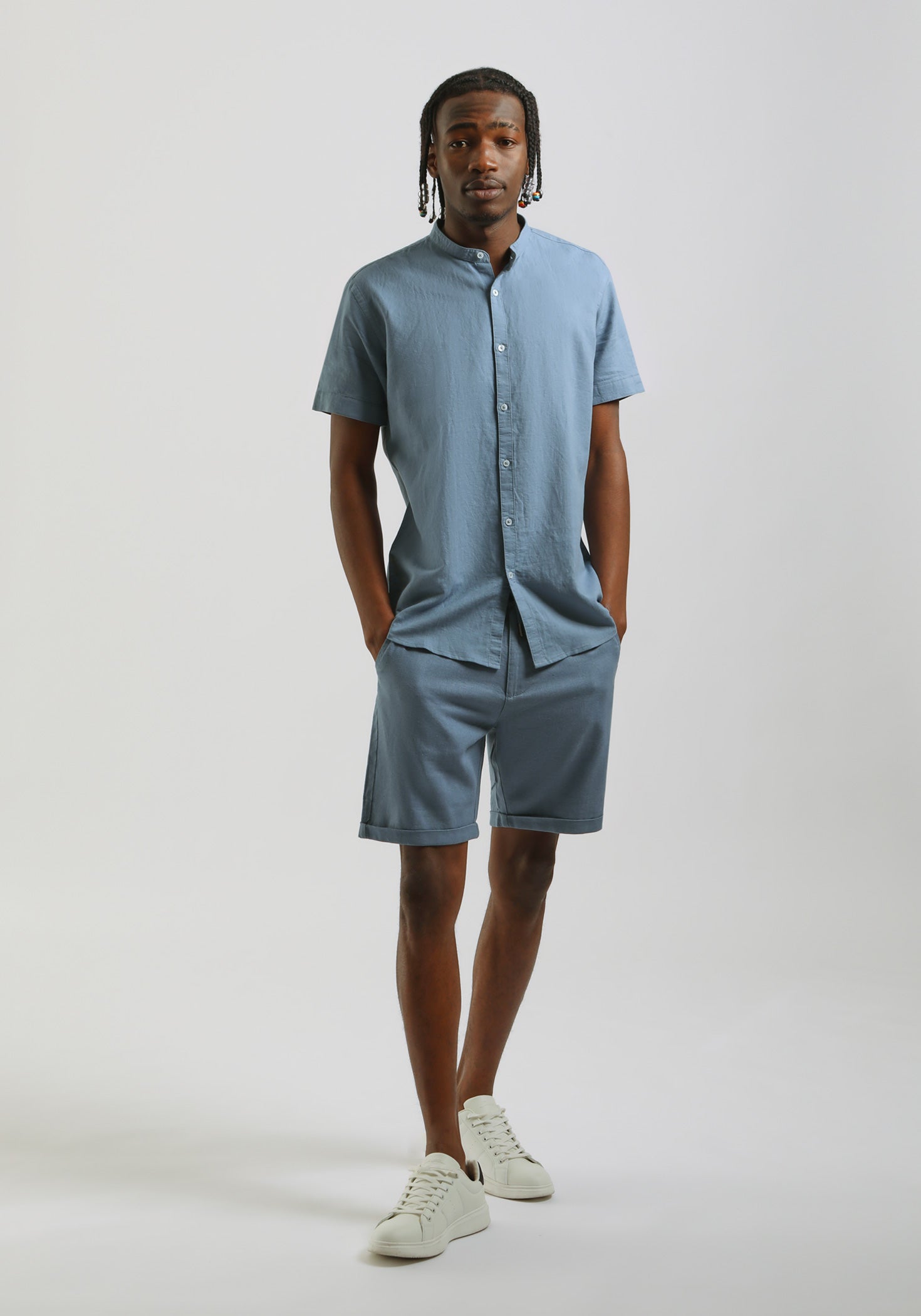 Camicia mezza manica misto lino|Colore:Ciano