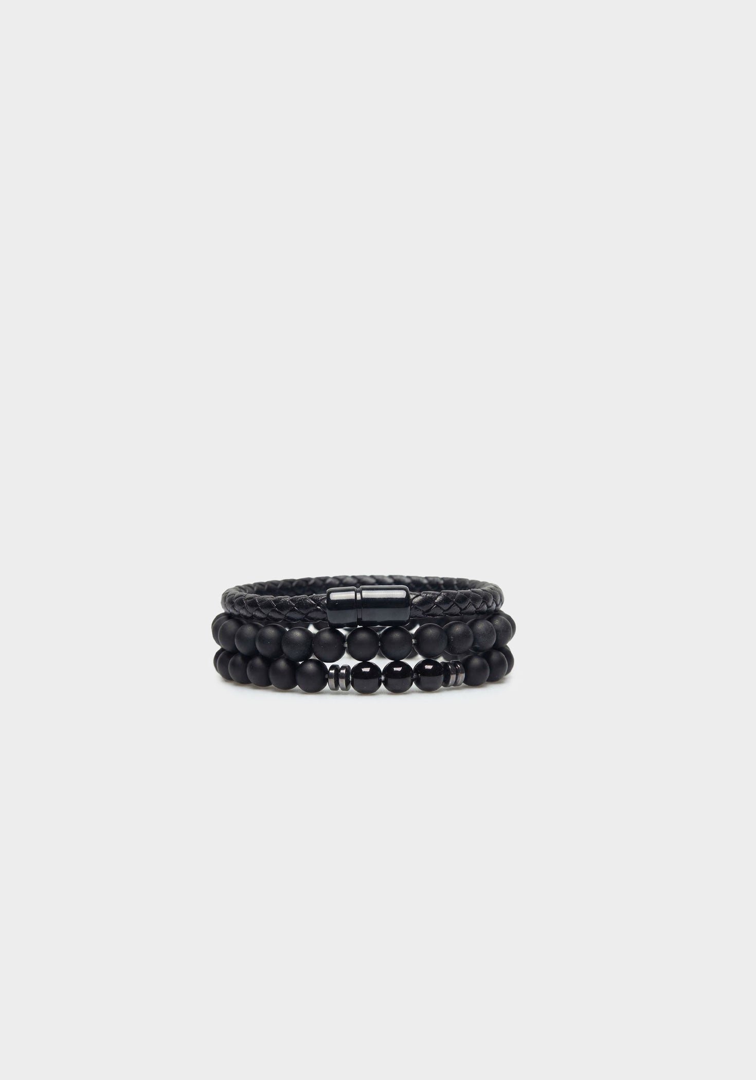Set di bracciali in pietra e in pelle|Colore:Nero