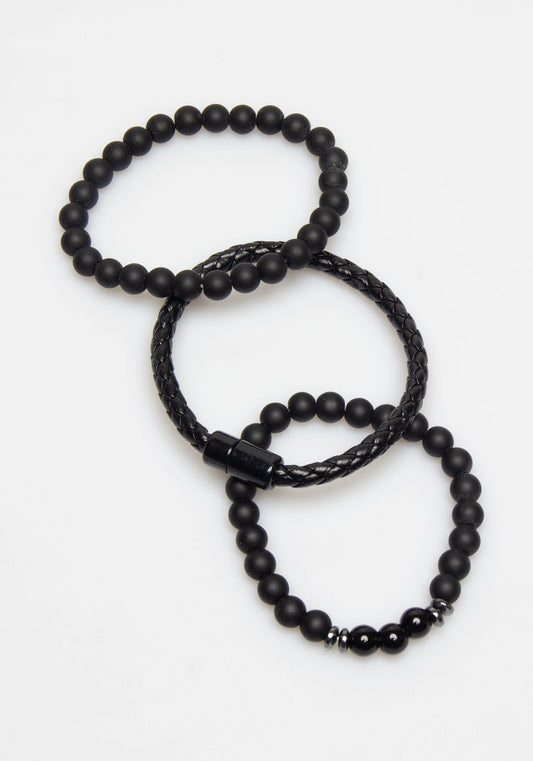 Set di bracciali in pietra e in pelle|Colore:Nero