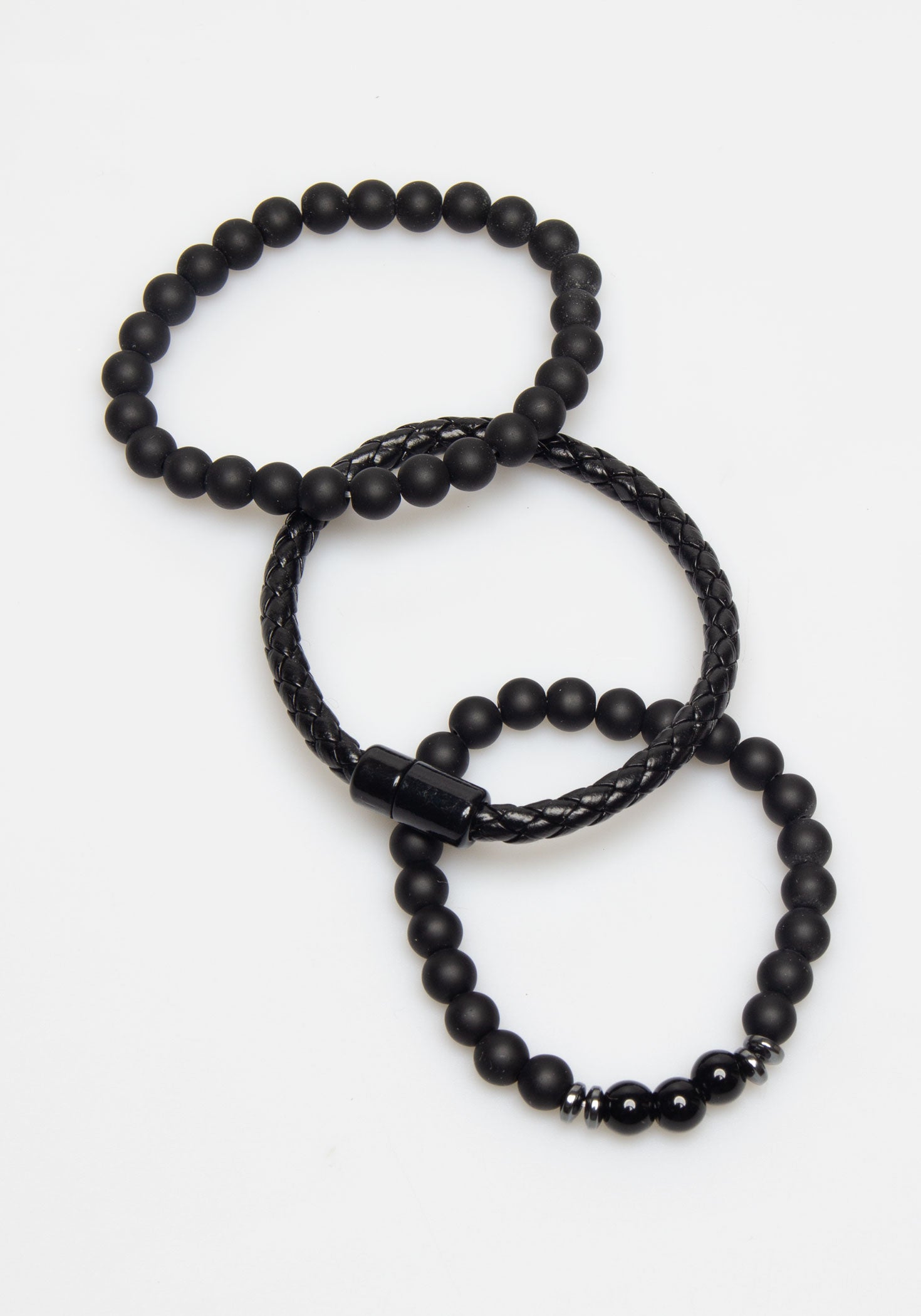 Set di bracciali in pietra e in pelle|Colore:Nero