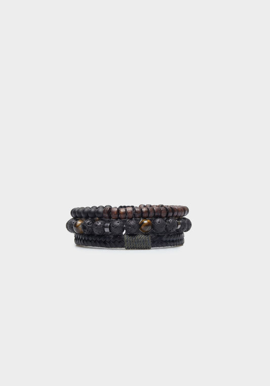 Set di bracciali in pietra e tessuto|Colore:Nero