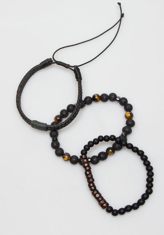 Set di bracciali in pietra e tessuto|Colore:Nero