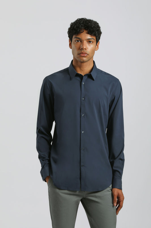 Camicia tinta unita in tessuto elastico|Colore:Navy