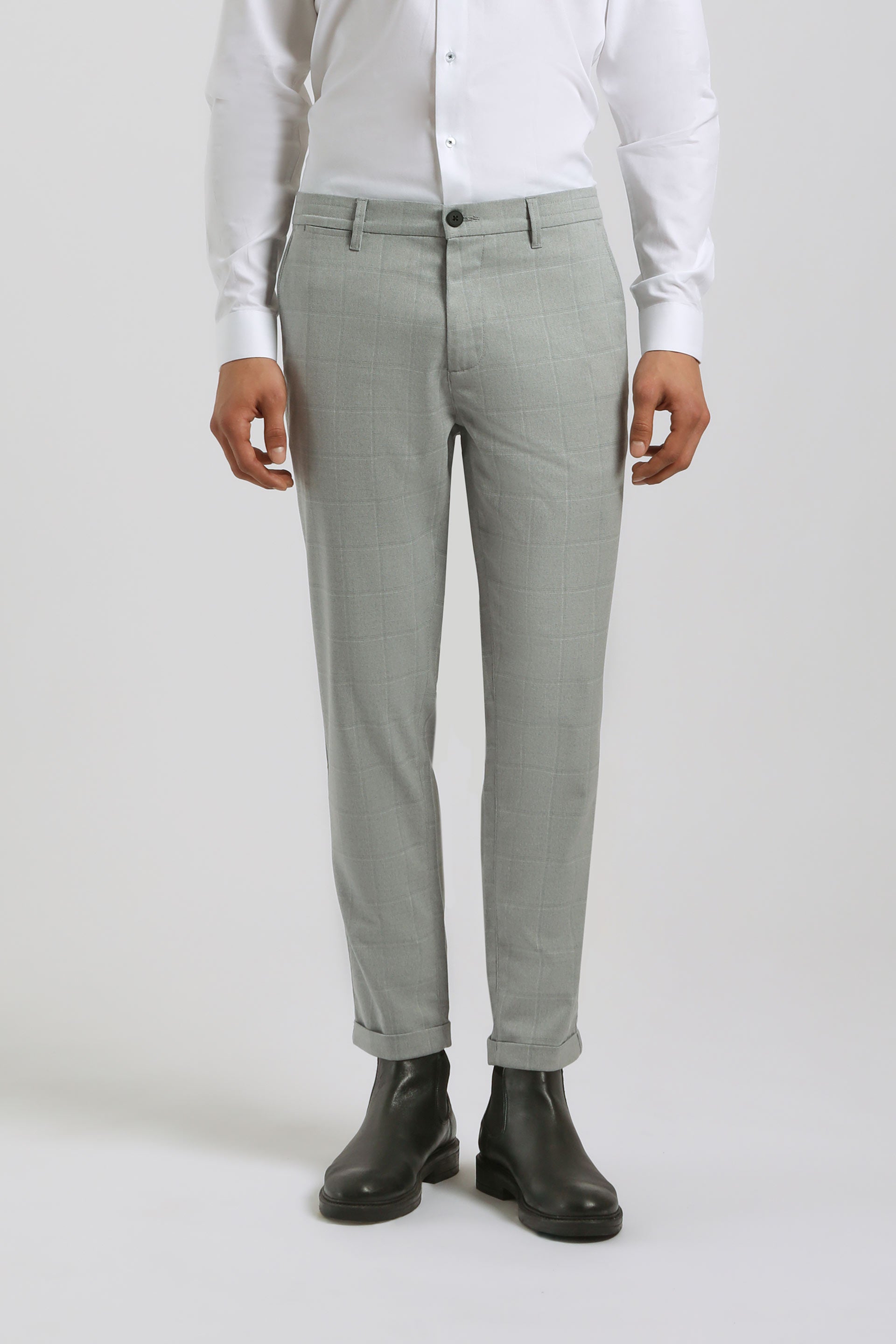 Pantaloni chino con fantasia a quadri|Colore:Grigio perla