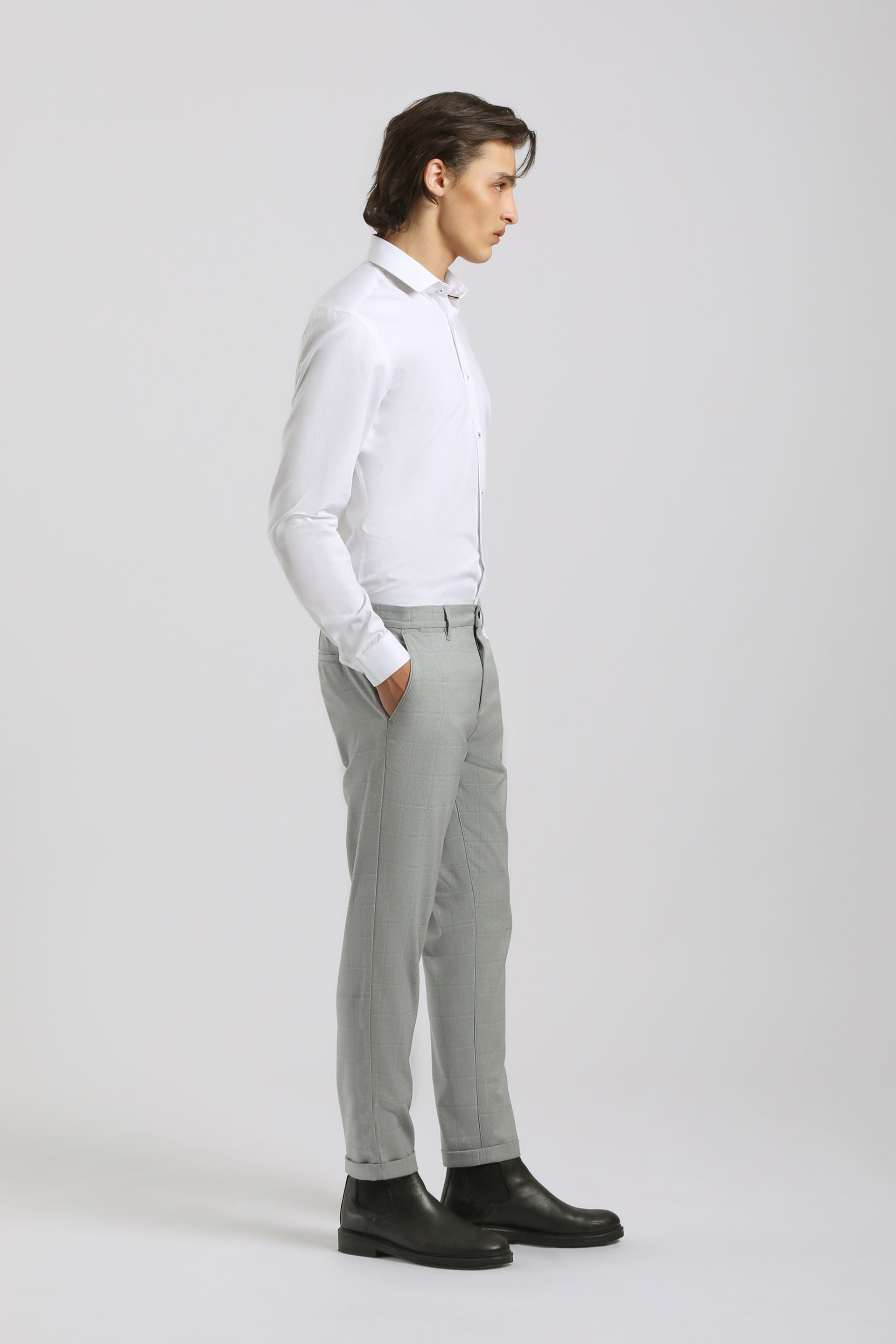 Pantaloni chino con fantasia a quadri|Colore:Grigio perla