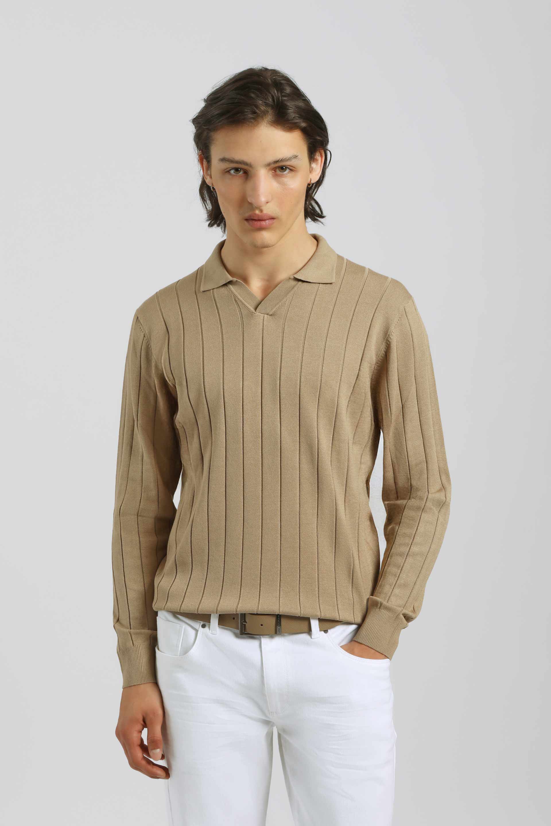 Polo manica lunga a coste|Colore:Beige