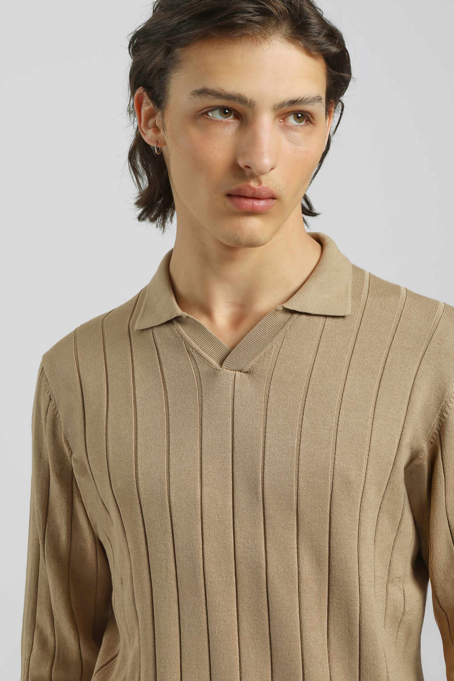 Polo manica lunga a coste|Colore:Beige