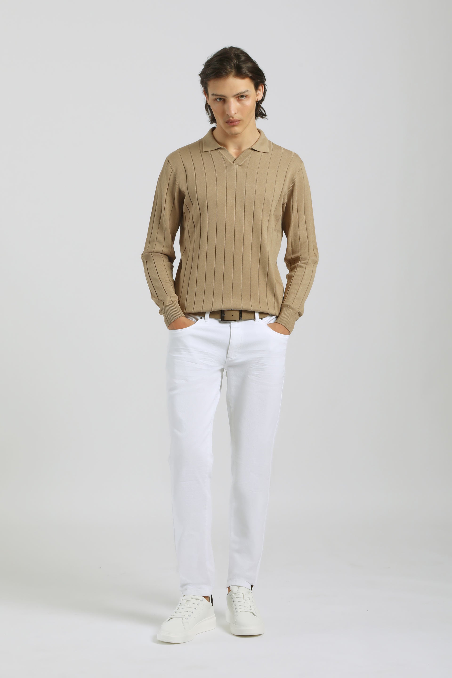Polo manica lunga a coste|Colore:Beige