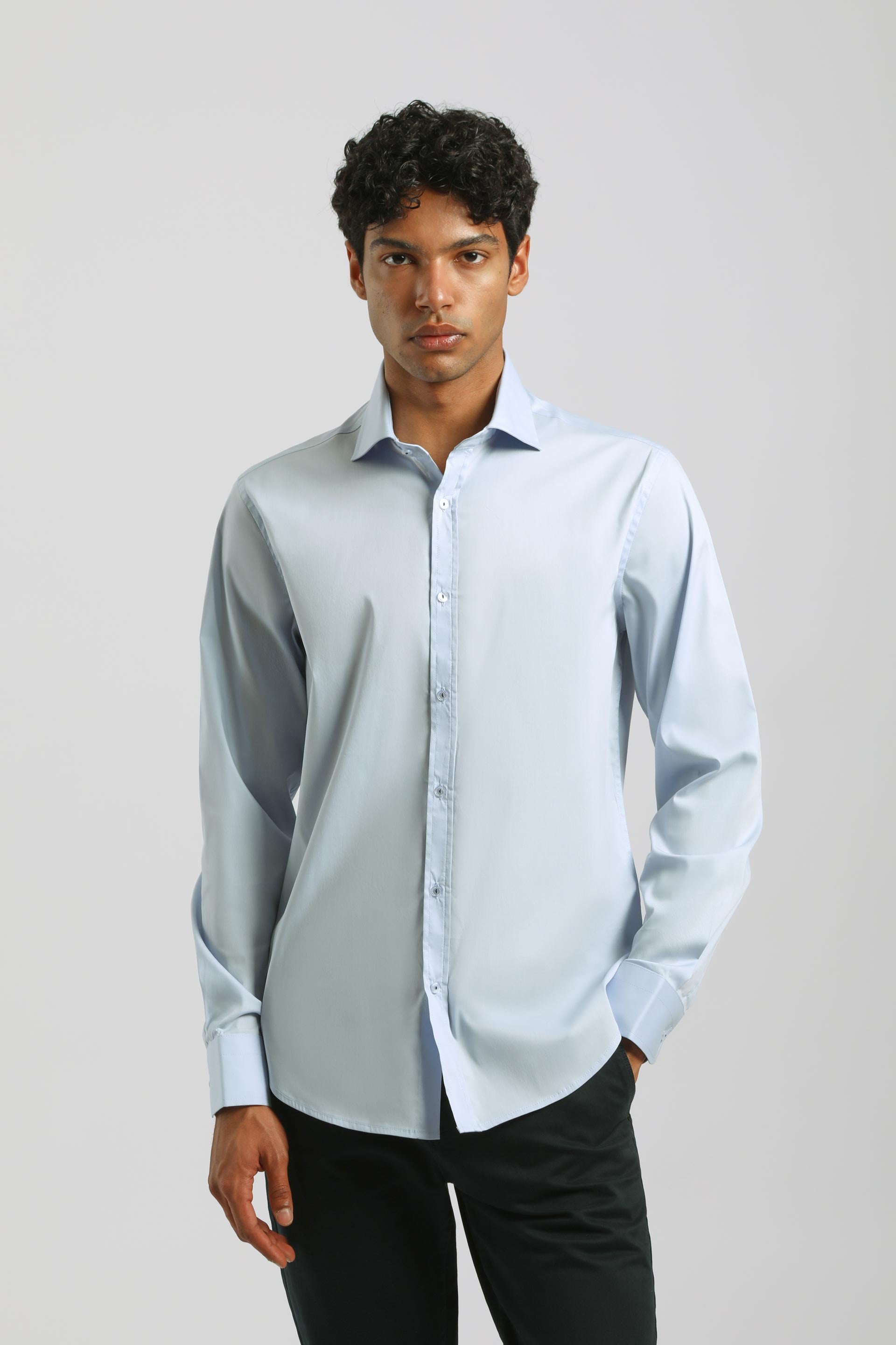 Camicia tinta unita in cotone|Colore:Cielo