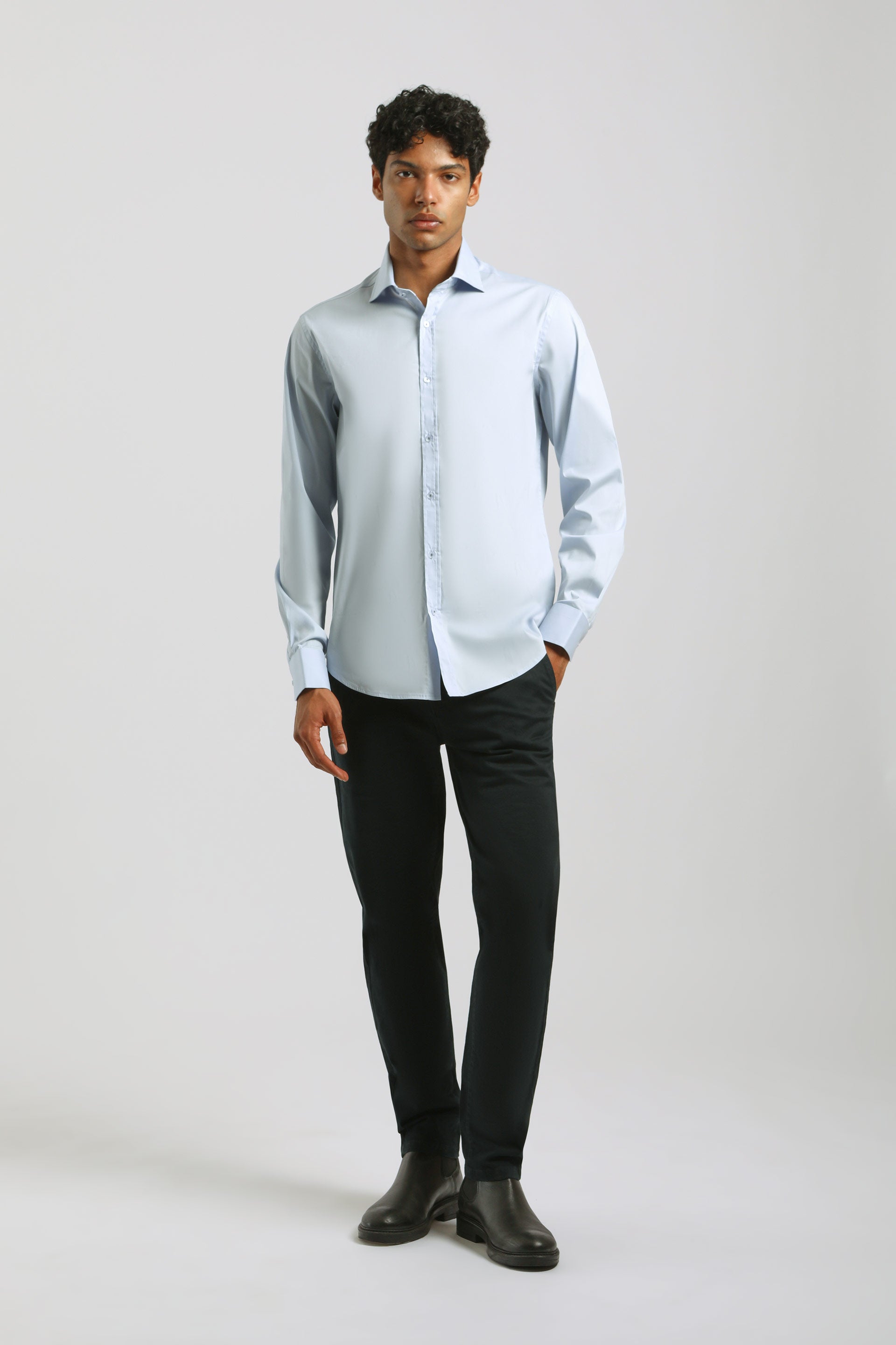 Camicia tinta unita in cotone|Colore:Cielo