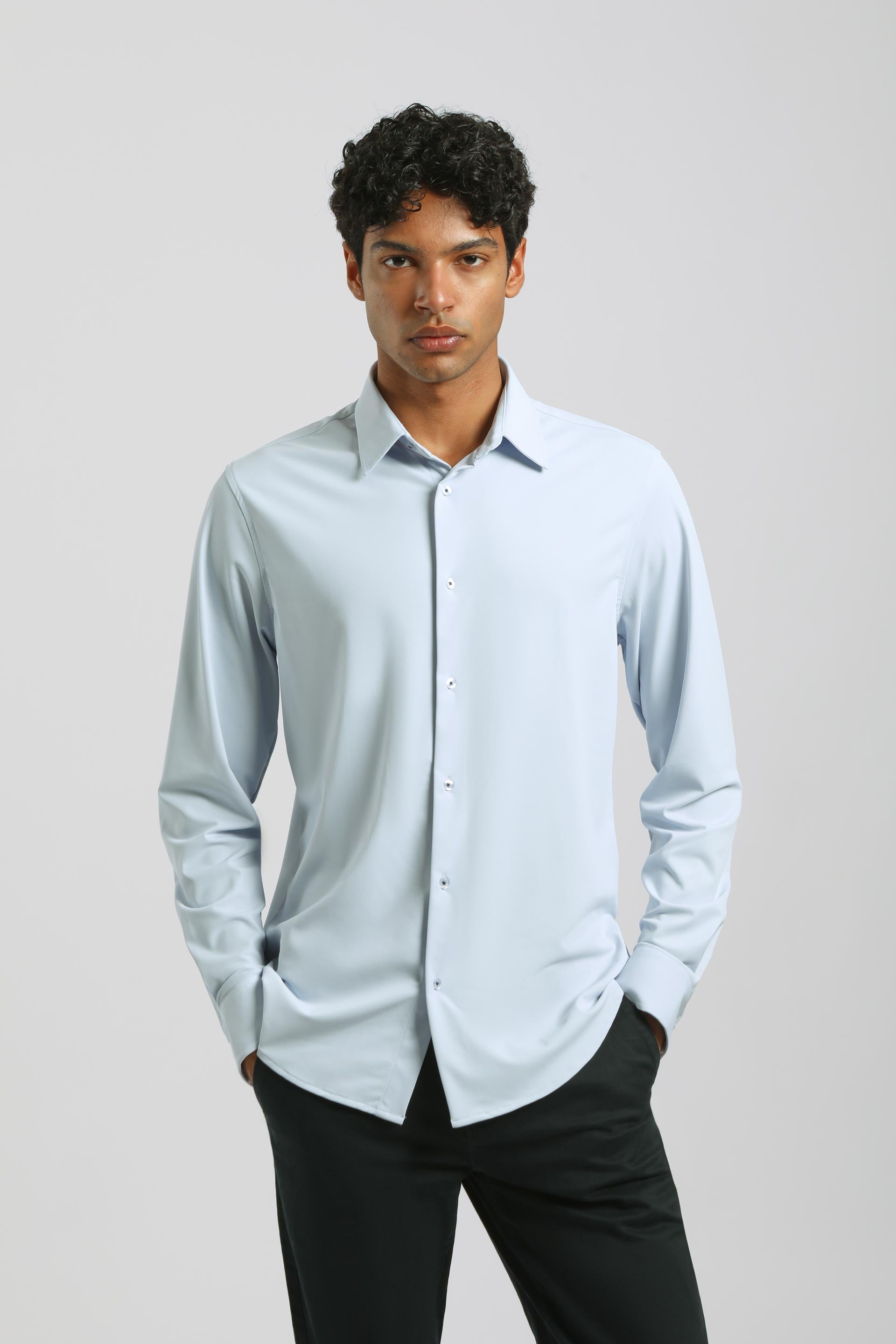 Camicia tinta unita in tessuto elastico|Colore:Cielo