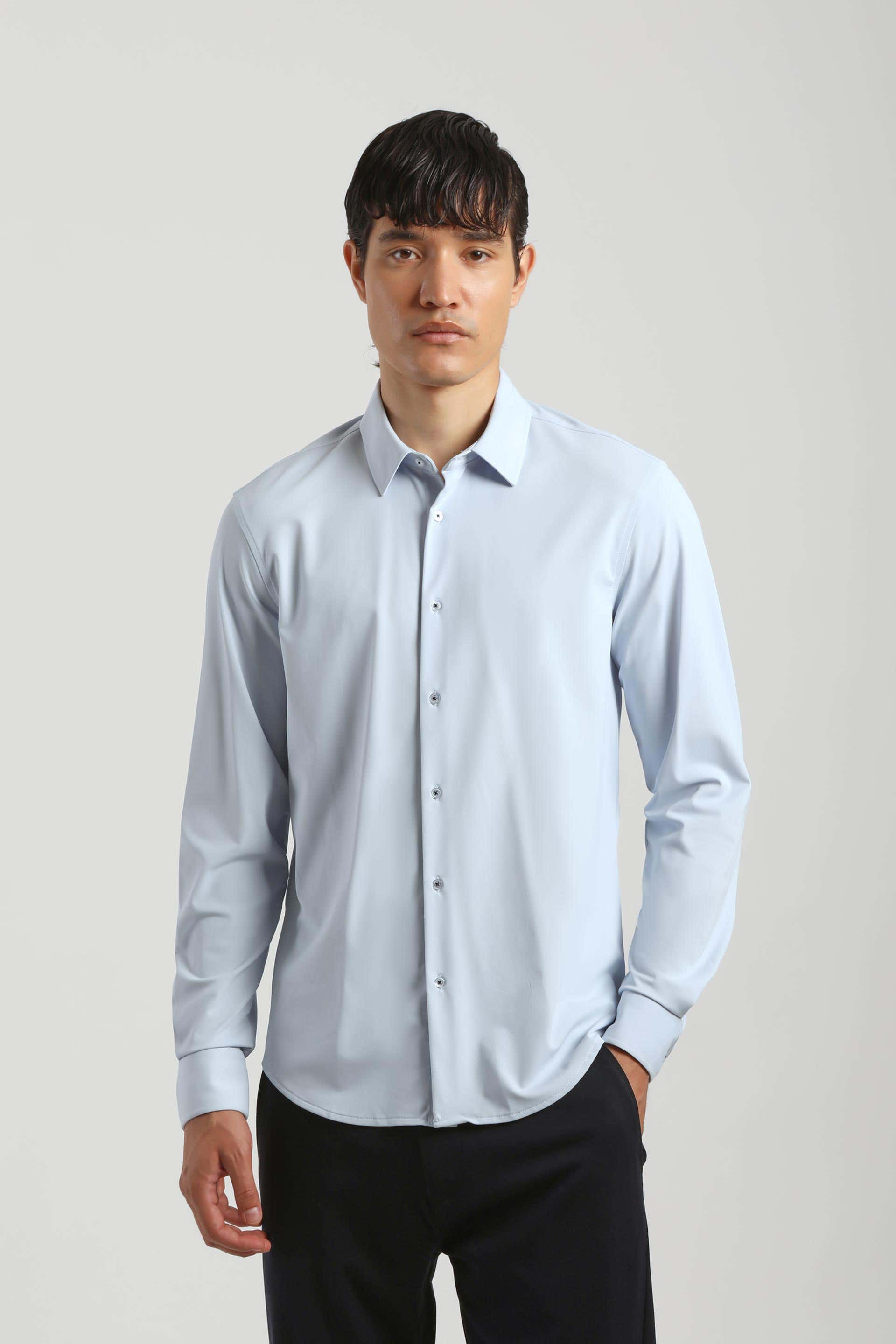 Camicia tinta unita in tessuto elastico|Colore:Cielo