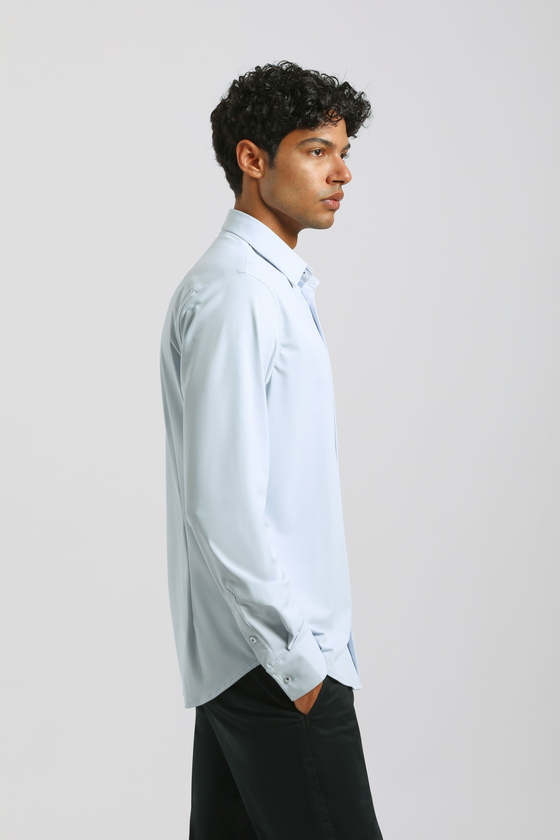 Camicia tinta unita in tessuto elastico|Colore:Cielo